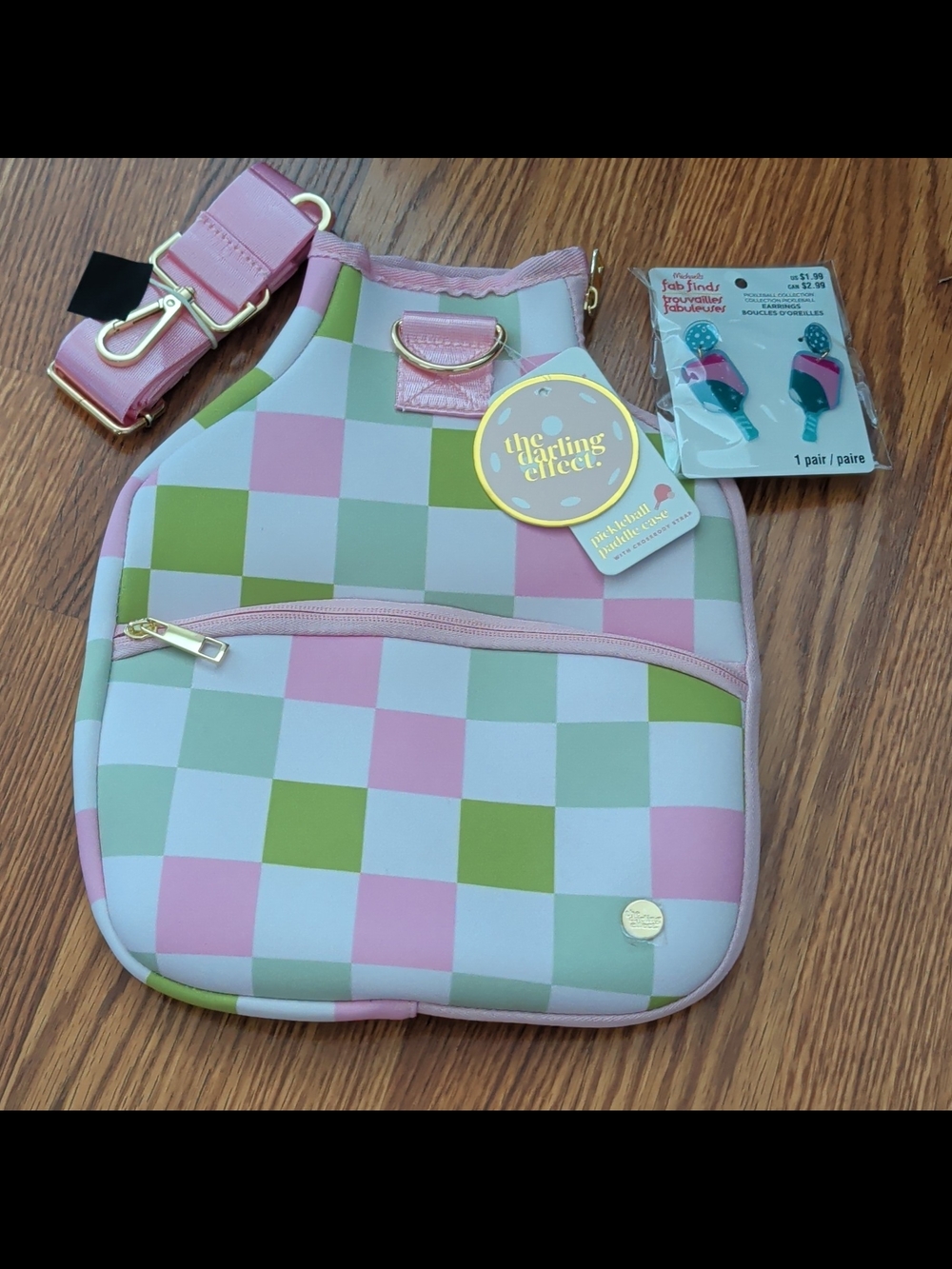 Michaels Pink, Green & White Checkerboard Crossbody Bag with Strap